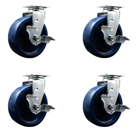 SERVICE CASTER 6 Inch Solid Polyurethane Swivel Caster Set with Roller Bearings and Brakes SCC-20S620-SPUR-TLB-4